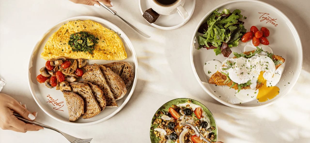 Brunch: omelette, eggs and bowls
